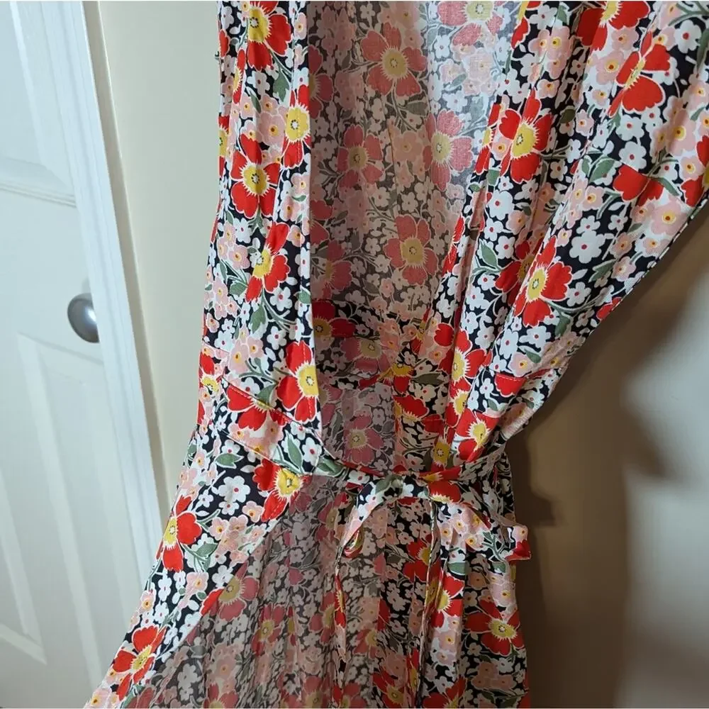 J. Crew Mercantile Floral Midi Wrap Short Sleeve Dress Viscose Red Pink
